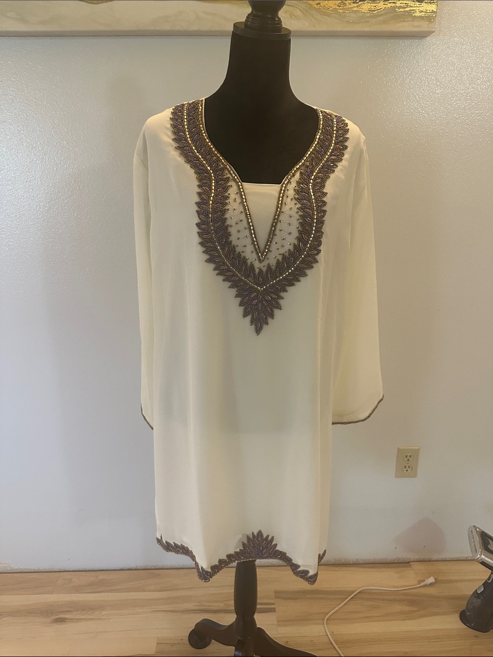 Embellished Cream Midi Dress with Beaded V-Neck
